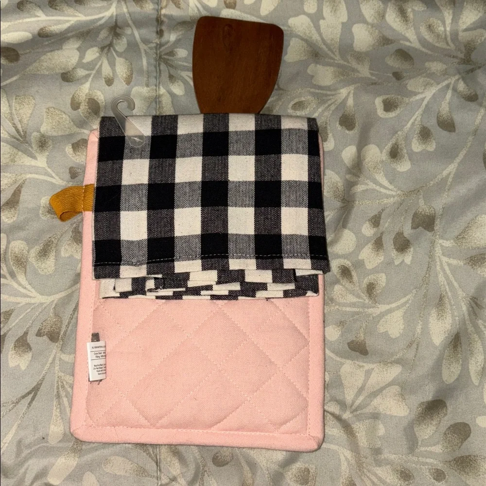 Demdaco Pink Trim Floral Hot Pad, Tea Towel and Wooden Spoon Gift Set NWT